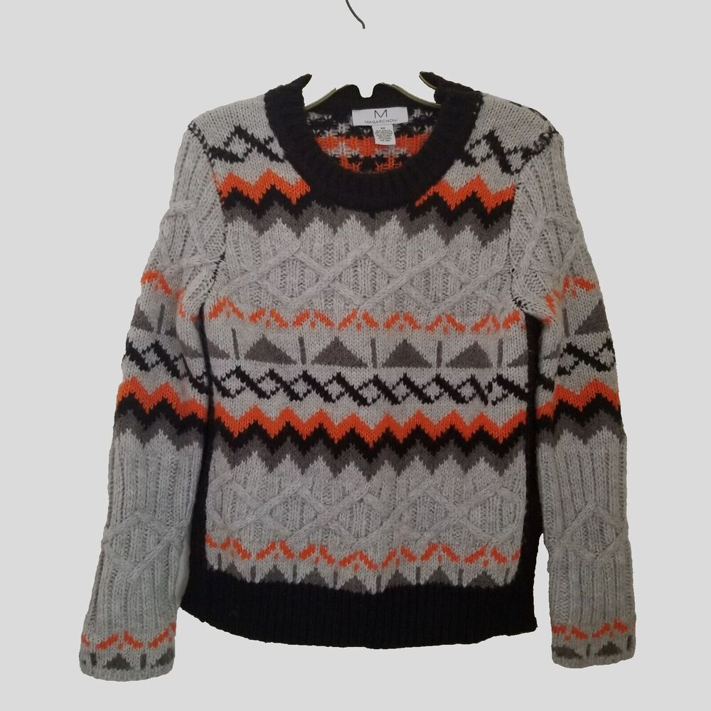 Magaschoni Sweater Womens XS Gray Black Orange Fair Isle Oversized Pullover